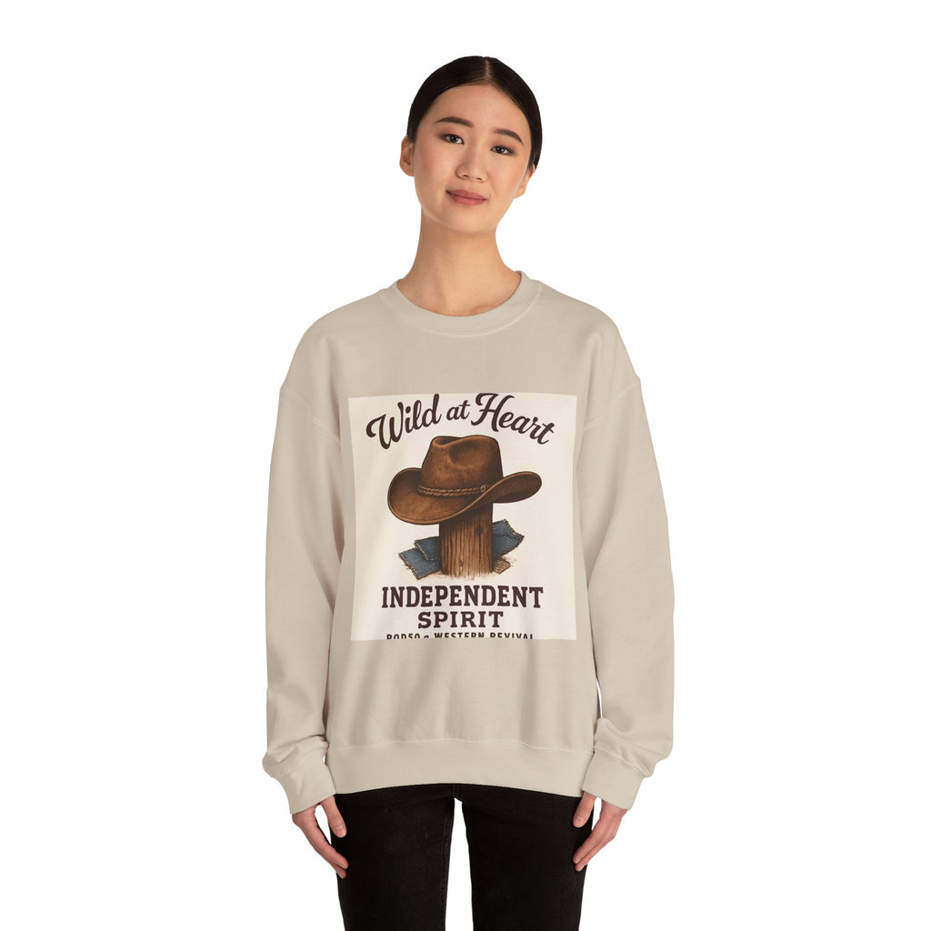 Crewneck Sweatshirt — "Wild at Heart, Independent Spirit" Cowboy Hat Graphic