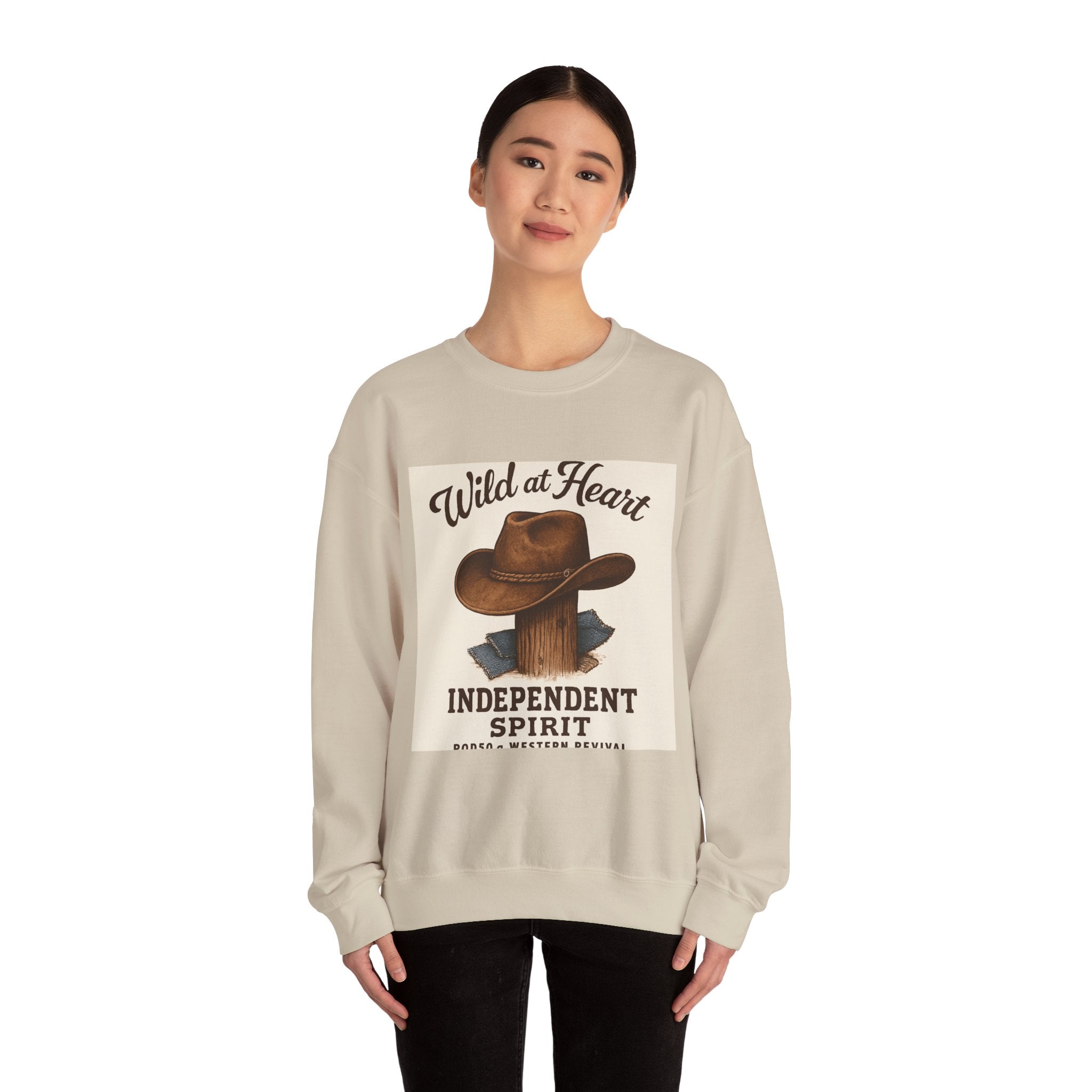 Crewneck Sweatshirt — "Wild at Heart, Independent Spirit" Cowboy Hat Graphic