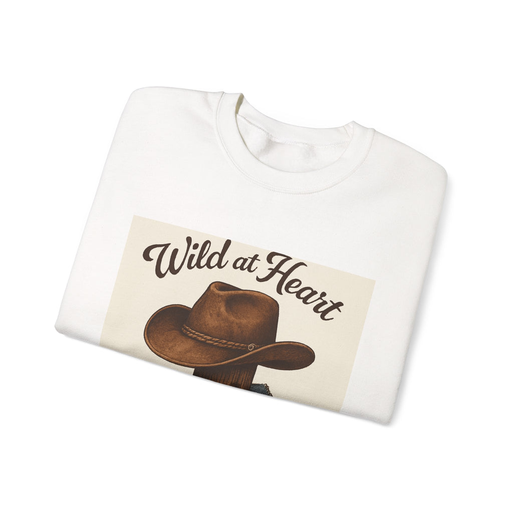 Crewneck Sweatshirt — "Wild at Heart, Independent Spirit" Cowboy Hat Graphic