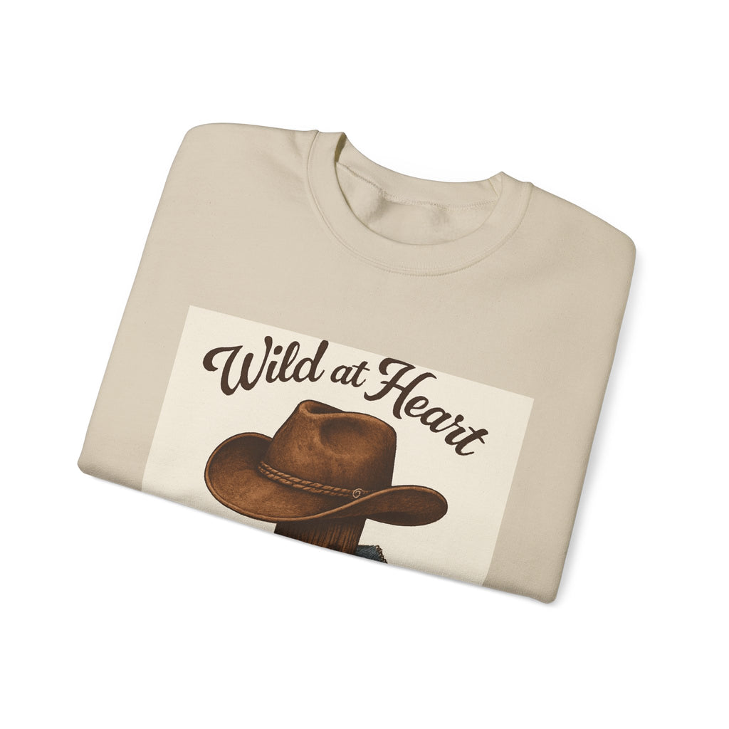 Crewneck Sweatshirt — "Wild at Heart, Independent Spirit" Cowboy Hat Graphic
